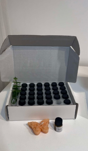 BOX z 28 probek eterycznych oliejkow
 w prezent 2 probki perfum i motylek z pszczelogo wosku