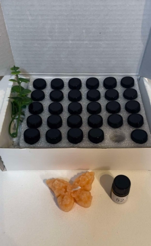 BOX z 28 probek eterycznych oliejkow
 w prezent 2 probki perfum i motylek z pszczelogo wosku