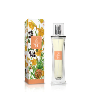 Perfumy, 20 ml, nr 34
 
 Zapach, zawierający w sobie ducha szczęścia - w lekkiej mgiełce dojrzałych owoców czarujące nuty róży i jaśminu, sandałowca i nastrajającej do marzeń słodyczy wanilii. Niezwykły zapach dla kobiet posiadających własny styl, ekstrawaganckich.

RODZINA ZAPACHÓW: KWIATOWO-OWOCOWE

    Nuty głowy: brzoskwinia, ananas, jeżyna, liczi, śliwa
    Nuty serca: narcyz, jaśmin, róża, lilia, nagietek
    Nuty bazowe: piżmo, wanilia, ambra, bób tonka, sandałowiec