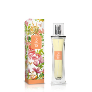 Perfumy, 20 ml, nr 35
 
 Jasny i radosny zapach, w którym cierpkie nuty mimozy ubarwione są czarodziejską fontanną owoców i nut korzennych w aureoli zielonej świeżości. Wymowny zapach lata i słońca.

RODZINA ZAPACHÓW: KWIATOWO-OWOCOWE

    Nuty głowy: fiołek, mandarynka, liście bluszczu
    Nuty serca: orchidea, magnolia, mimoza, róża
    Nuty bazowe: drzewo amarantowe, piżmo