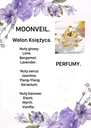 “Welon Księżyca”
 to zapach nocnego spaceru pod gwiazdami.
Rozpoczyna się cytrusową świeżością, przechodzi w kwiatowy jaśminowo-ylangowy środek, a kończy ciepłą, tajemniczą nutą elemi i mirry.
Zapach marzycielki, która nosi księżyc w sercu.
 
 Ten zapach doskonale sprawdzi się wieczorem, podczas relaksu lub w romantycznym nastroju.
 
 Nuty gtowy:
Lime.
Bergamot.
Lavender.

Nuty serca:
Jasmine.
Ylang-Ylang.
Geranium.

Nuty bazowe:
Elemi.
Myrrh.
Vanilla.